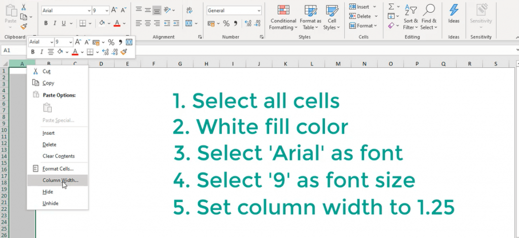 Set first column width to 1.25