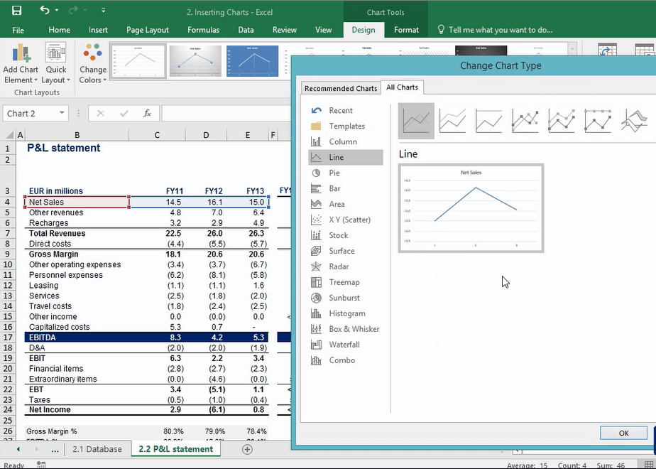 Excel shows right-hand side preview of the chart that we are about to select